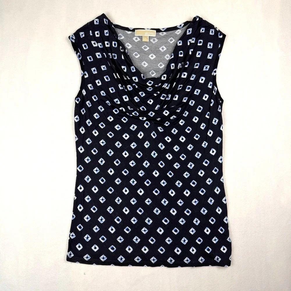 Michael Kors Sleeveless Top Womens Large Blue White Geometric Print Cowl-Neck